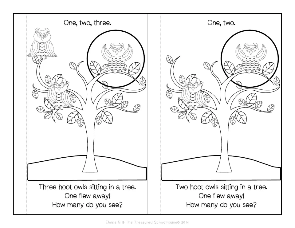 Black-and-white booklet story pages 3–4 show three and two owls and ask 'How many do you see?' after one leaves