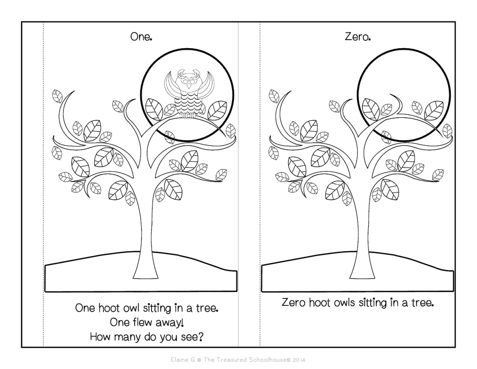 Black-and-white booklet story pages 5–6 show one owl and an empty tree, ending with zero owls in the tree