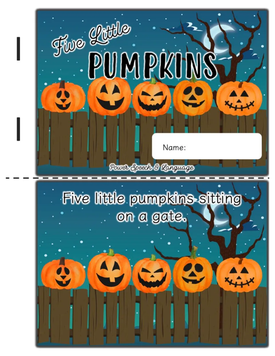 Booklet title page with a name line and opening story page: five jack-o'-lanterns sitting on a gate under a moonlit sky