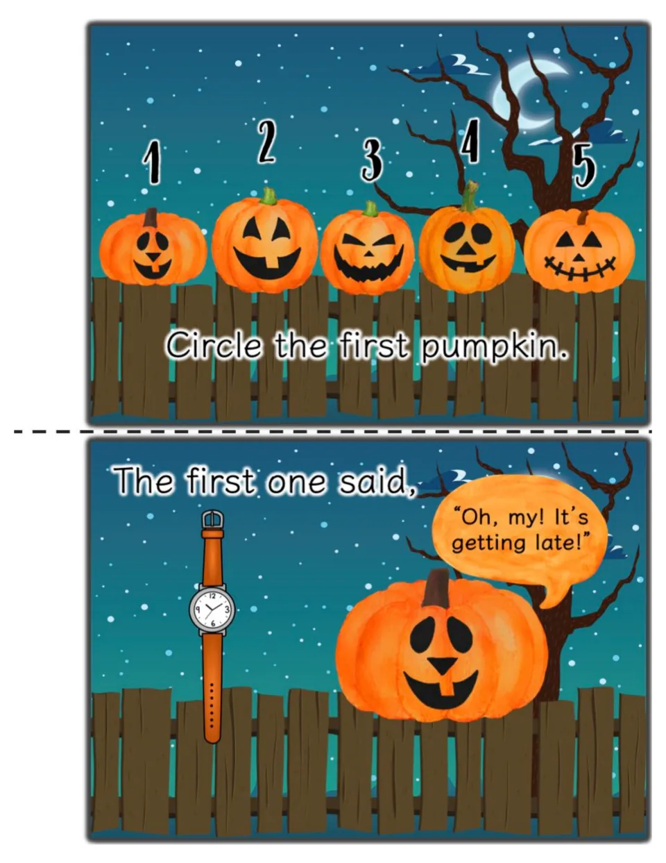 Ordinal numbers: students circle the first of five numbered pumpkins, then read 'Oh, my! It's getting late!' with a watch