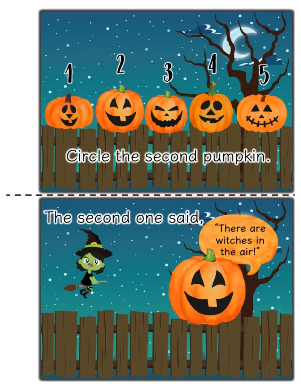 Ordinal numbers: students circle the second pumpkin, then read 'There are witches in the air!' beside a witch on a broom