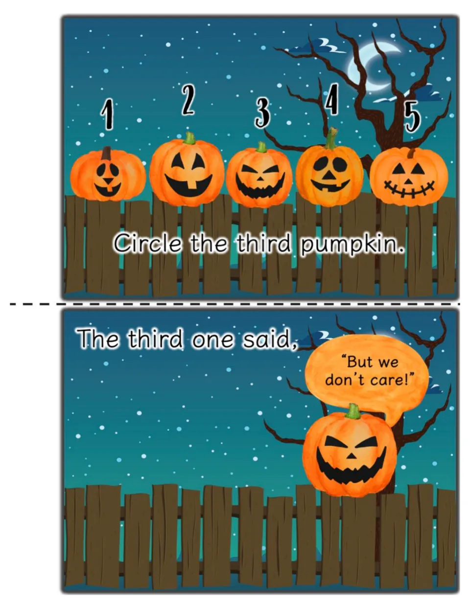 Ordinal numbers: students circle the third of five numbered pumpkins, then the third one says 'But we don't care!'