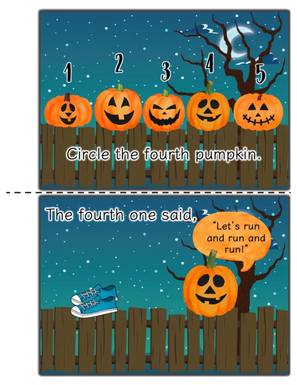Ordinal numbers: students circle the fourth pumpkin, then read 'Let's run and run and run!' next to a pair of sneakers