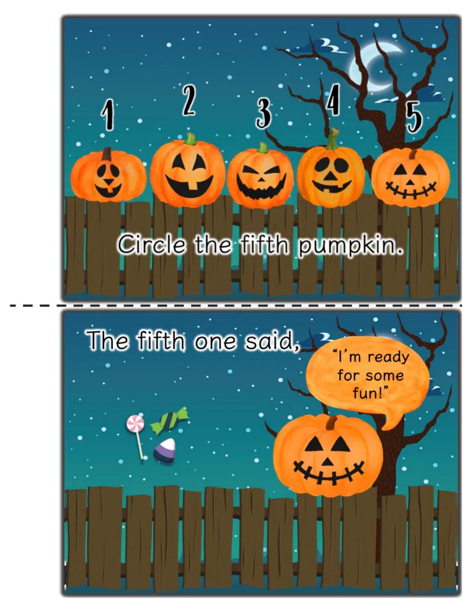 Ordinal numbers: students circle the fifth pumpkin, then read 'I'm ready for some fun!' beside a lollipop and candy