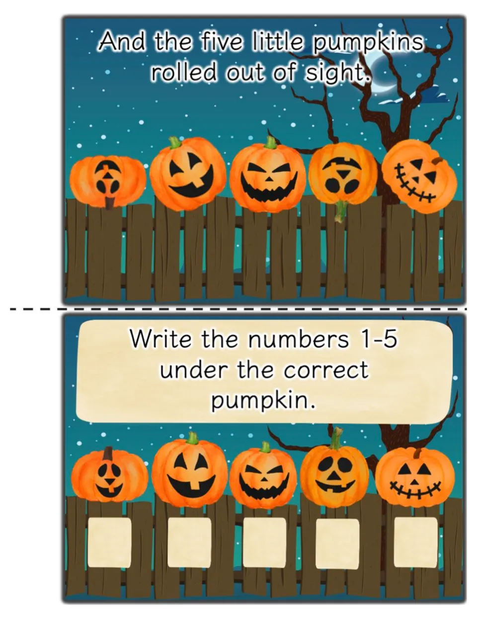 Pumpkins roll out of sight to end the poem; sequencing task asks students to write 1-5 in the box under each pumpkin