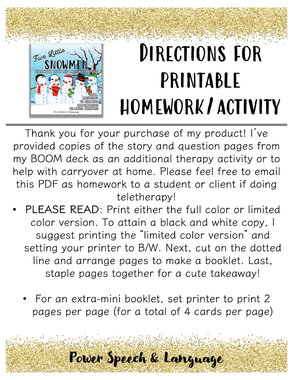 Printing directions for the snowmen homework booklet: print color or limited color, cut on dotted lines, staple pages