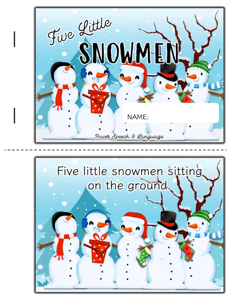 Five Little Snowmen booklet cover with a NAME line, plus the opening story card: five little snowmen sitting on the ground