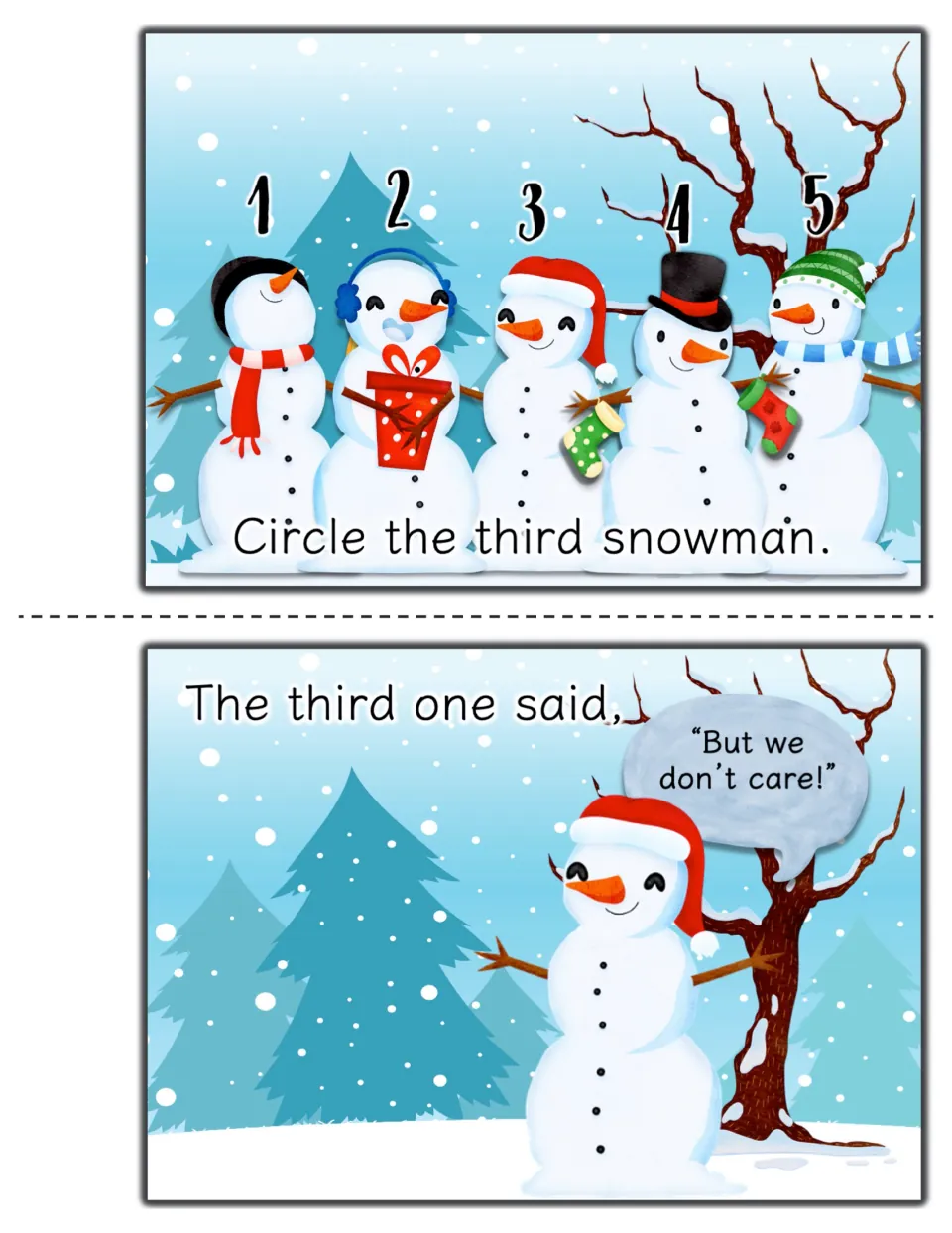 Ordinal numbers: students circle the third snowman in a Santa hat, then read the third one say "But we don't care!"