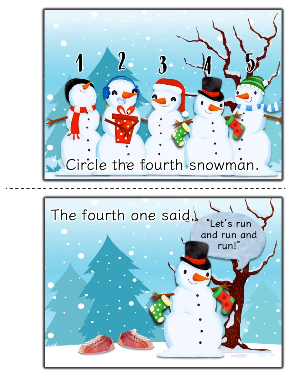 Ordinal numbers: students circle the fourth snowman in a top hat, then read the fourth one say "Let's run and run and run!"