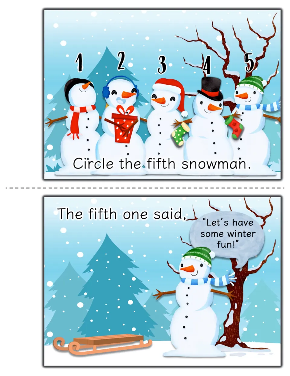 Ordinal numbers: students circle the fifth snowman in a hat, then read the fifth one say "Let's have some winter fun!"