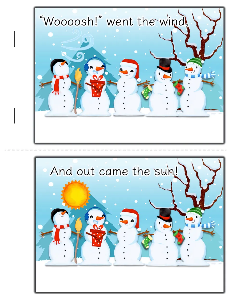 Story cards: "Woooosh!" went the wind as five snowmen stand in a row, and out came the sun shining over them