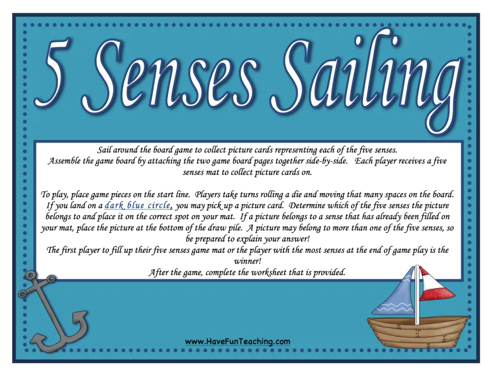 Five senses game instructions: assemble the board, roll a die, collect picture cards, and fill a senses mat.