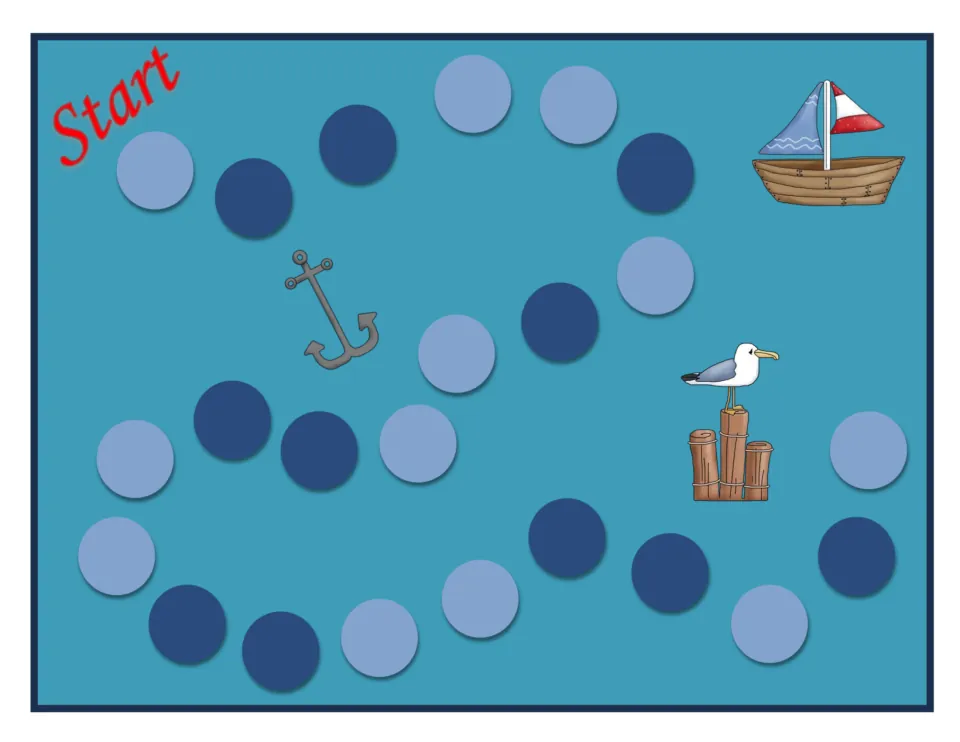 First half of the five senses game board, labeled Start, with light and dark blue spaces for moving pieces.