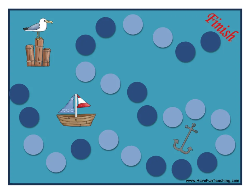 Second half of the five senses game board, labeled Finish, with light and dark blue spaces for moving pieces.