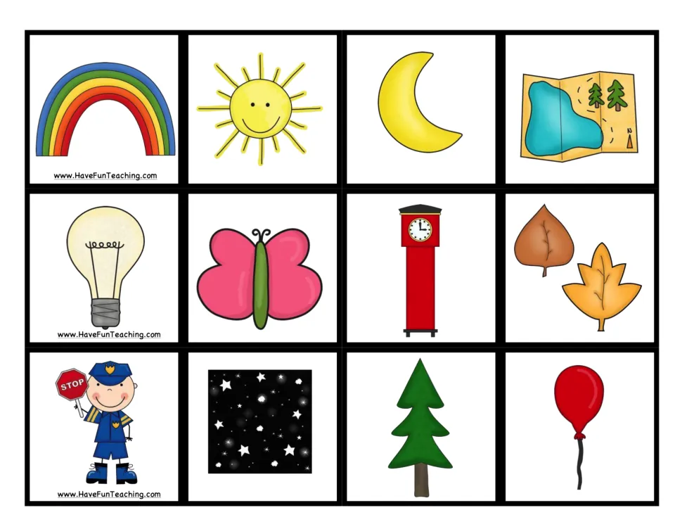 Five senses picture cards 1–12 for the game: rainbow, sun, moon, map, light bulb, butterfly, and six more.
