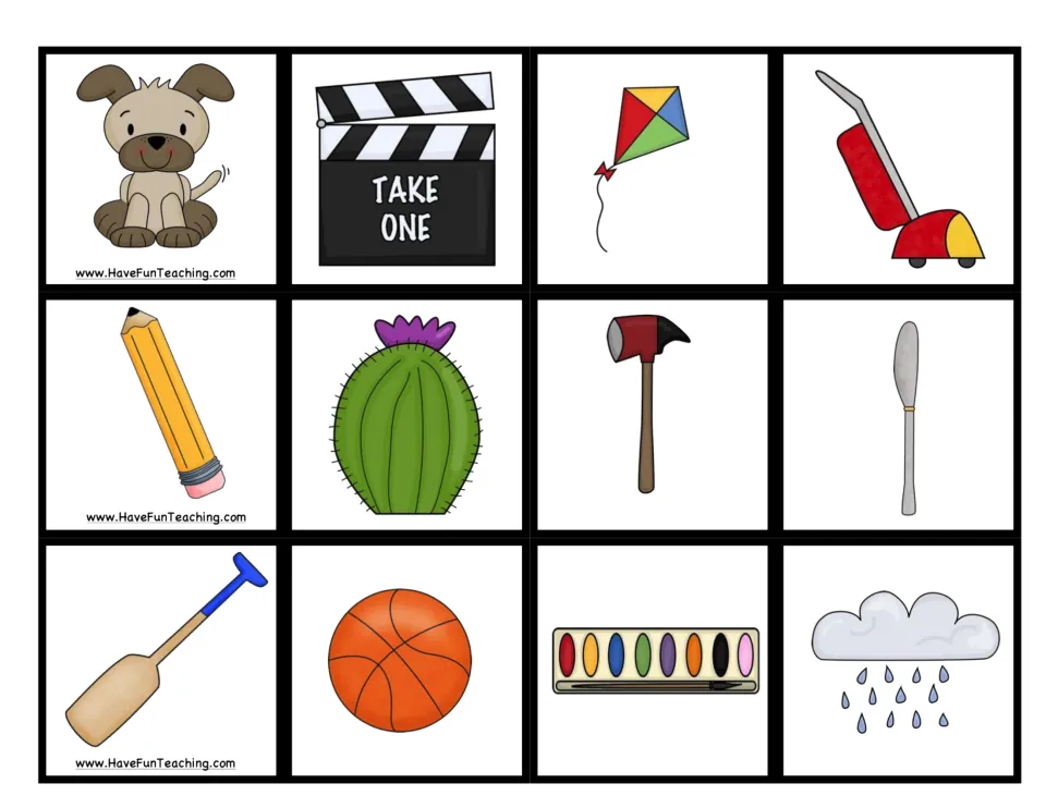 Five senses picture cards 13–24 for the game: dog, clapperboard, kite, vacuum, pencil, cactus, and six more.