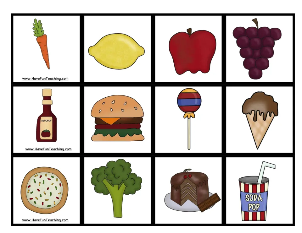 Five senses picture cards 25–36 for the game: carrot, lemon, apple, grapes, ketchup, hamburger, and six more.