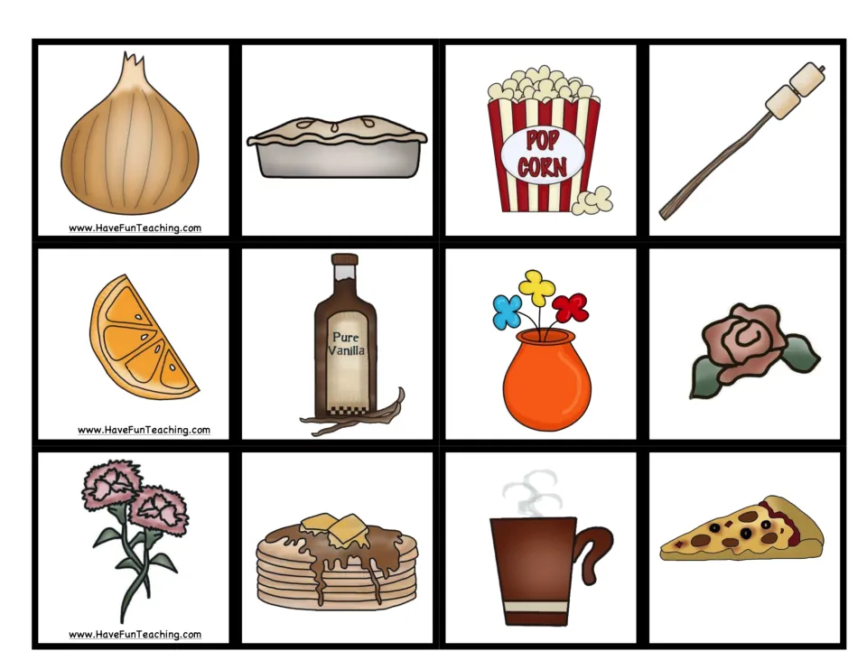 Five senses picture cards 37–48 for the game: onion, pie, popcorn, marshmallows, orange, and seven more.