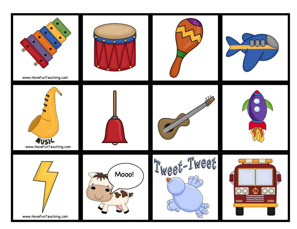 Five senses picture cards 49–60 for the game: xylophone, drum, maraca, airplane, saxophone, and seven more.