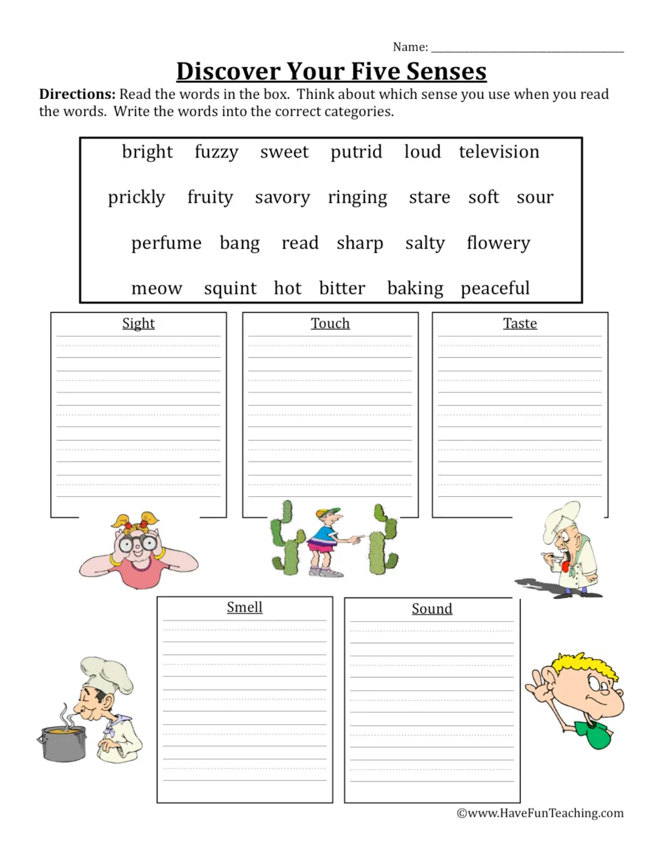 Five senses sorting worksheet: 25 words, including bright, fuzzy, sweet, putrid, and loud, to sort by sense.