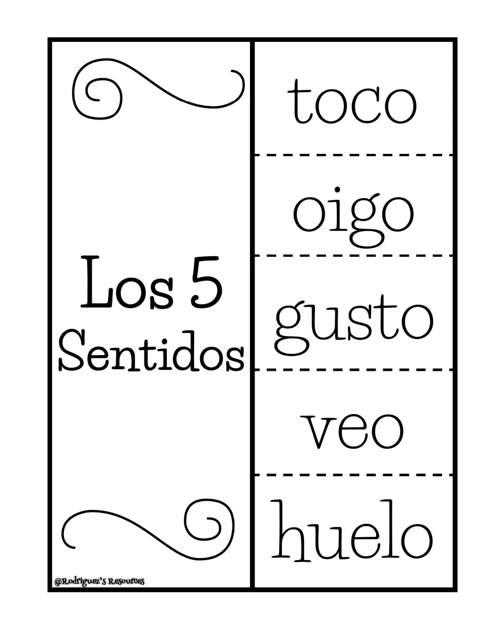 Sense vocabulary in Spanish: students fold Los 5 Sentidos flaps labeled toco, oigo, gusto, veo and huelo