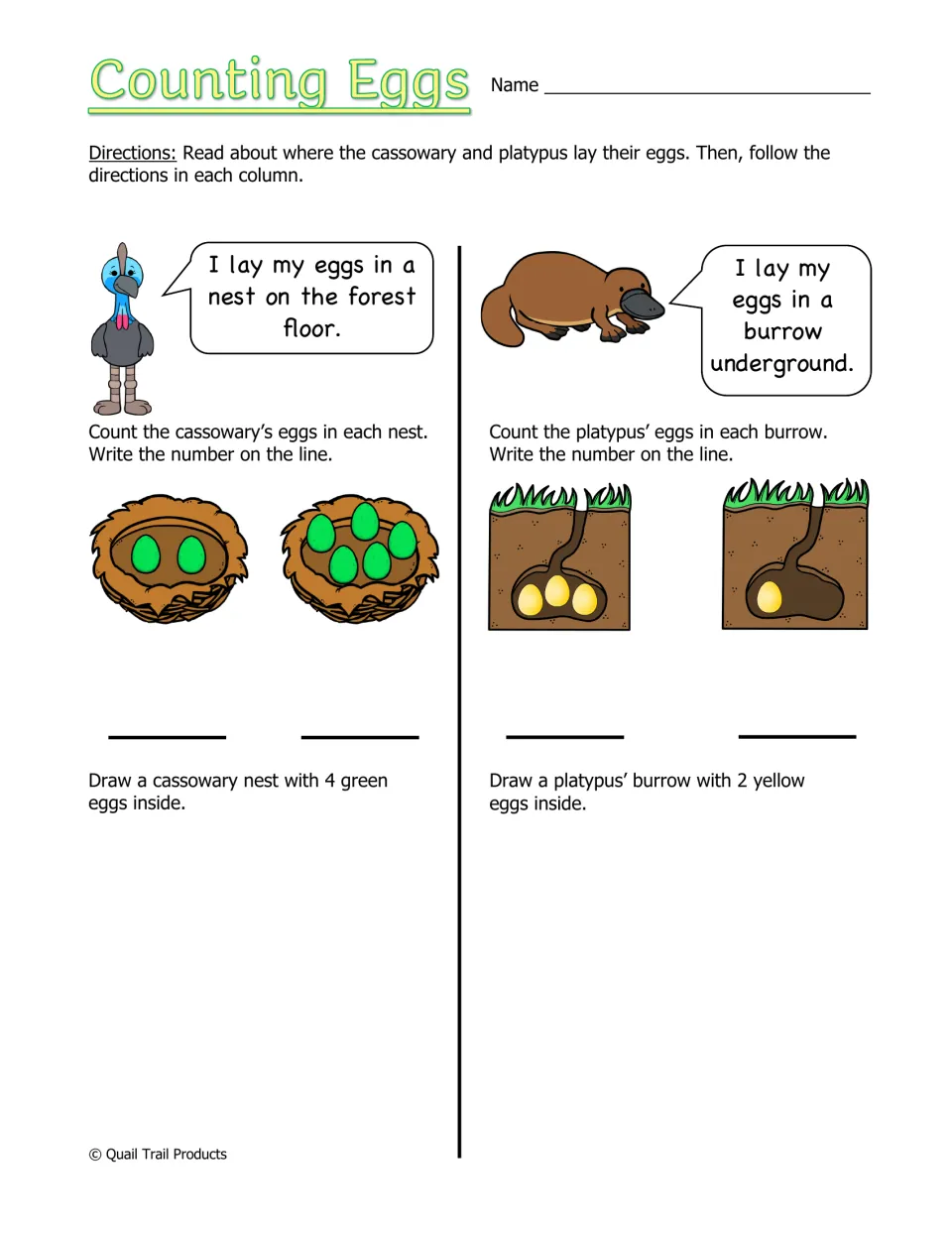 Counting Eggs: students count cassowary eggs in nests and platypus eggs in burrows, write each number, then draw eggs