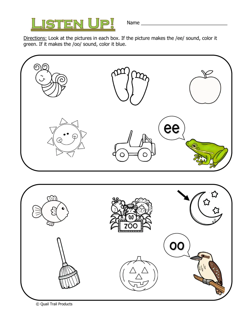 Listen Up! vowel sounds: students color pictures with the /ee/ sound green and pictures with the /oo/ sound blue