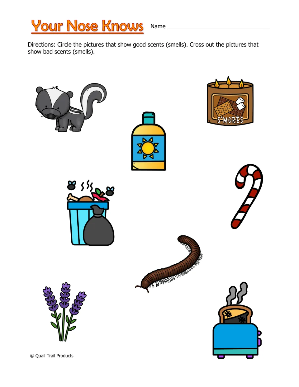 Your Nose Knows: students circle good smells like lavender and s'mores candle and cross out bad ones like skunk and trash