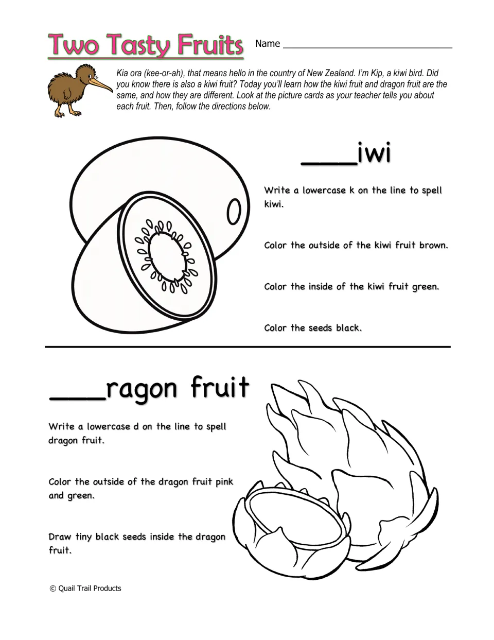 Two Tasty Fruits: students write k and d to spell kiwi and dragon fruit, then color each fruit and add its seeds