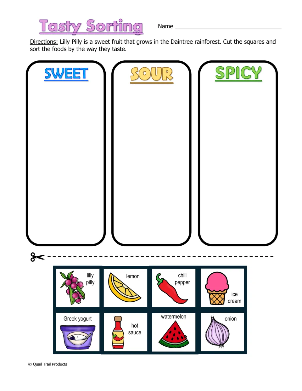 Tasty Sorting: students cut out 8 foods like lilly pilly, lemon and chili pepper and sort them as sweet, sour or spicy