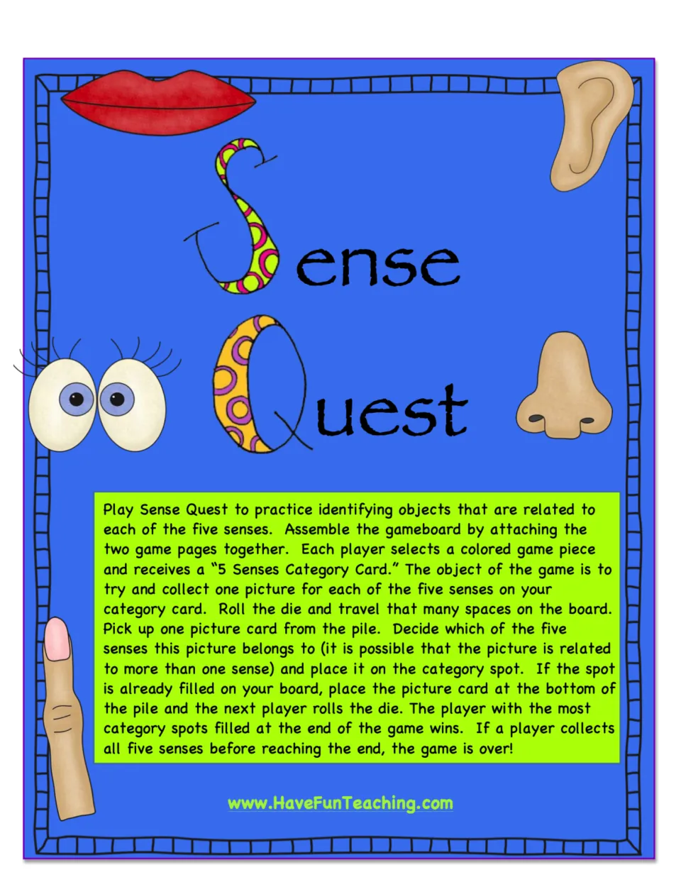 Sense Quest board game cover with rules: roll the die, draw picture cards and match each to one of the five senses