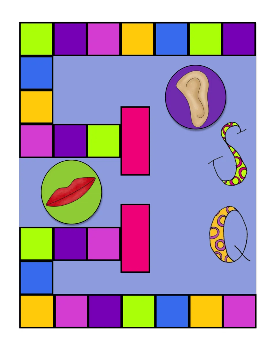 Gameboard cut-out piece, left half: colored path spaces with ear and lips circles marking hearing and taste spots