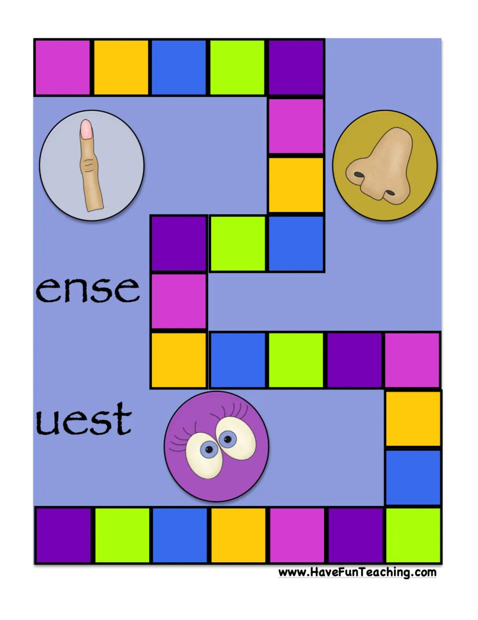 Gameboard cut-out piece, right half: path passes finger, nose and eyes circles for touch, smell and sight