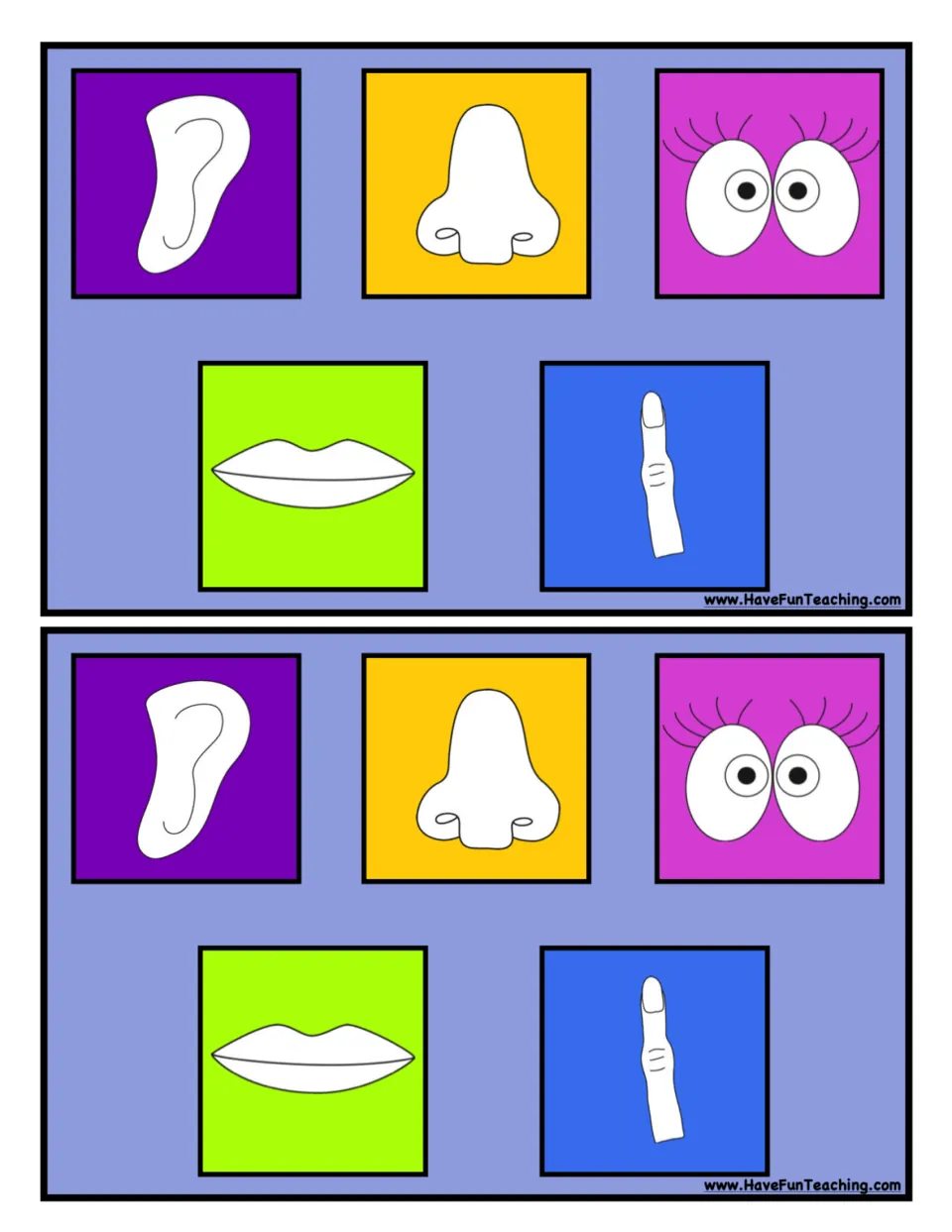 5 Senses Category Cards: two cards with ear, nose, eyes, lips and finger spots for placing matched pictures