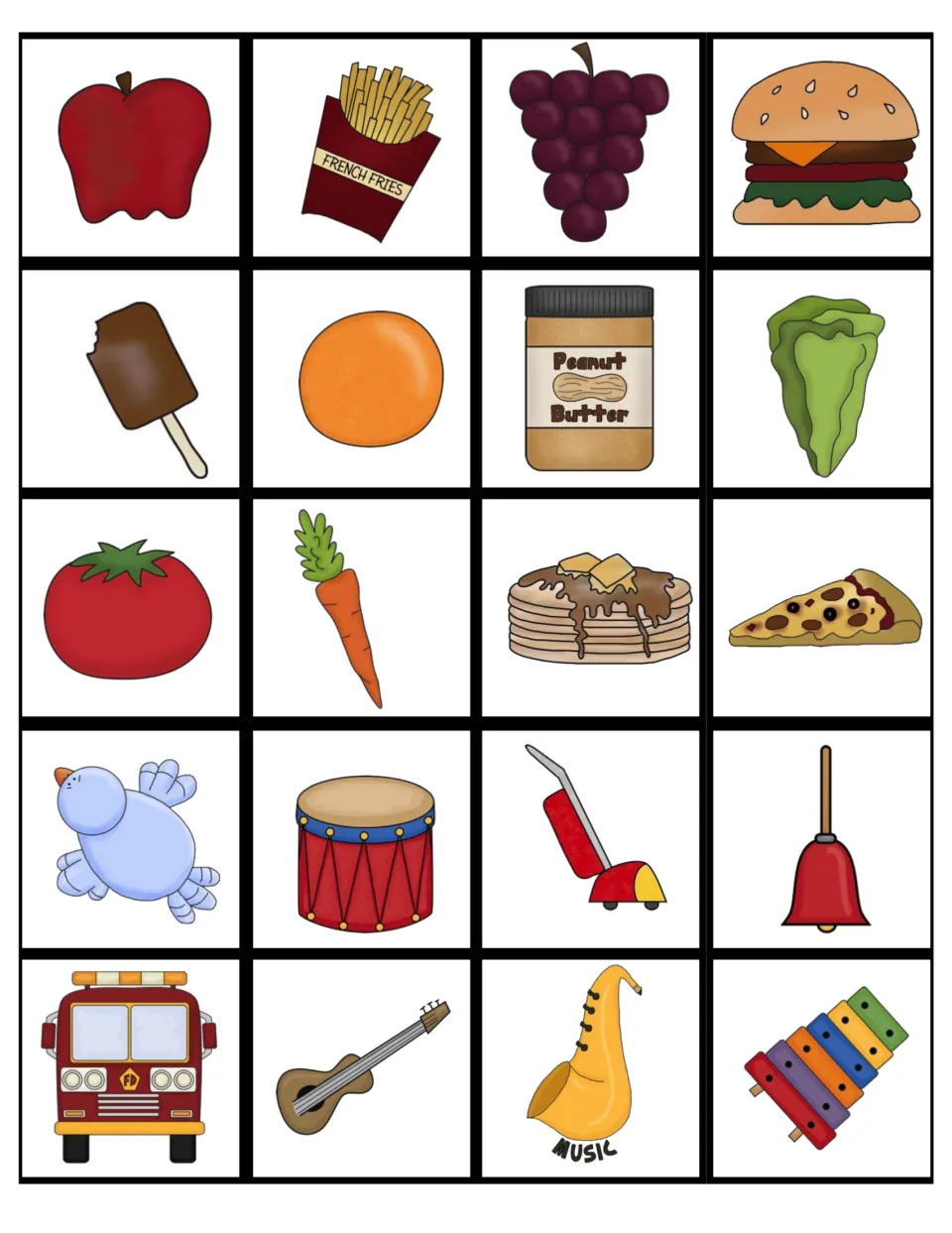Picture cards of foods and sounds: apple, fries, pizza, carrot, pancakes, drum, bell, guitar, saxophone, fire truck