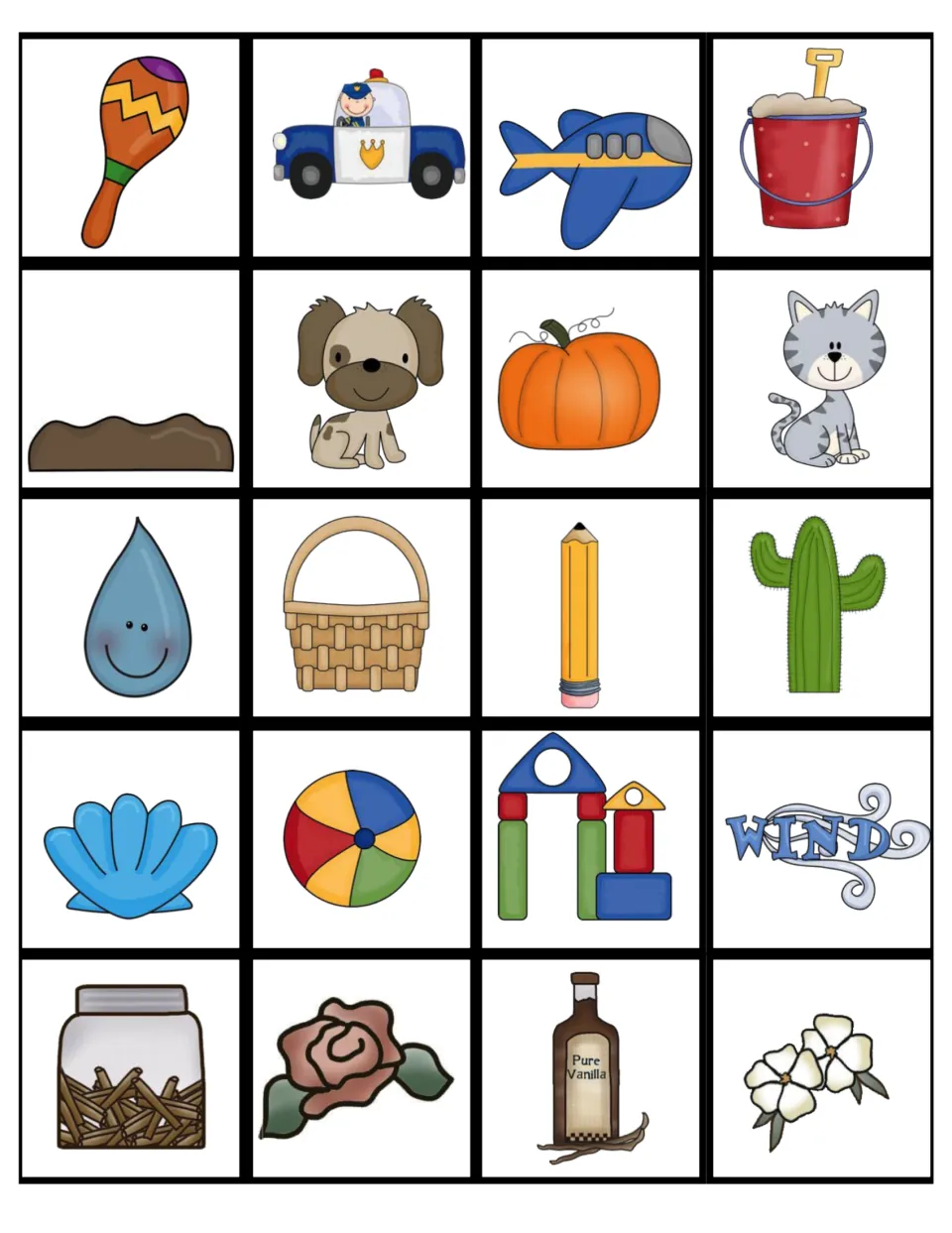 Picture cards to sort by sense: maraca, police car, airplane, puppy, kitten, cactus, shell, rose and vanilla