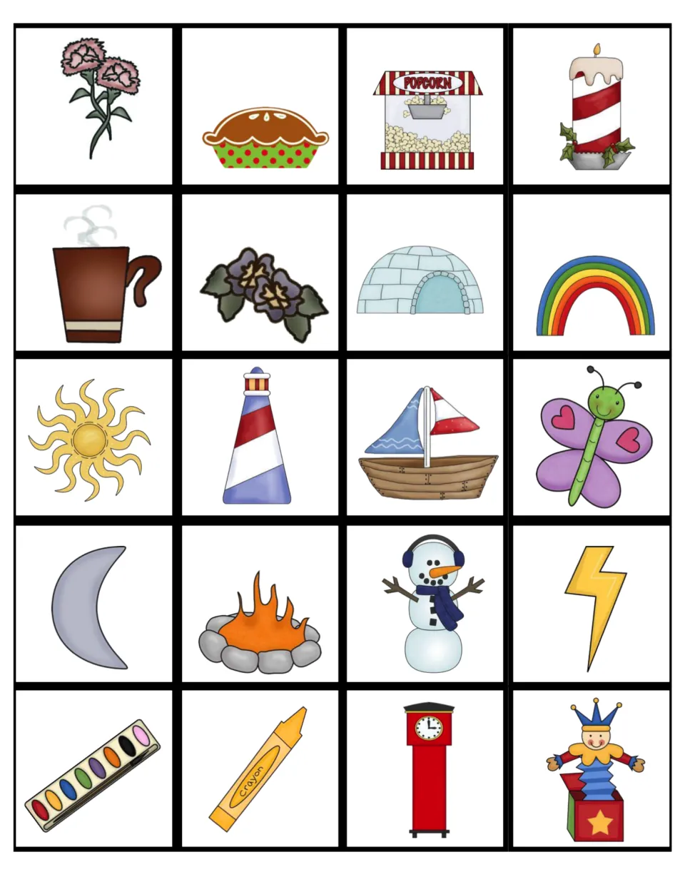 More picture cards: rainbow, sun, moon, butterfly, snowman, crayon, popcorn, pie, candle, hot cocoa and flowers