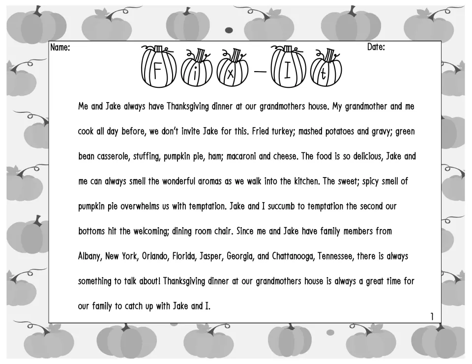 Grayscale editing passage about Thanksgiving dinner at a grandmother's house, with pronoun and punctuation errors