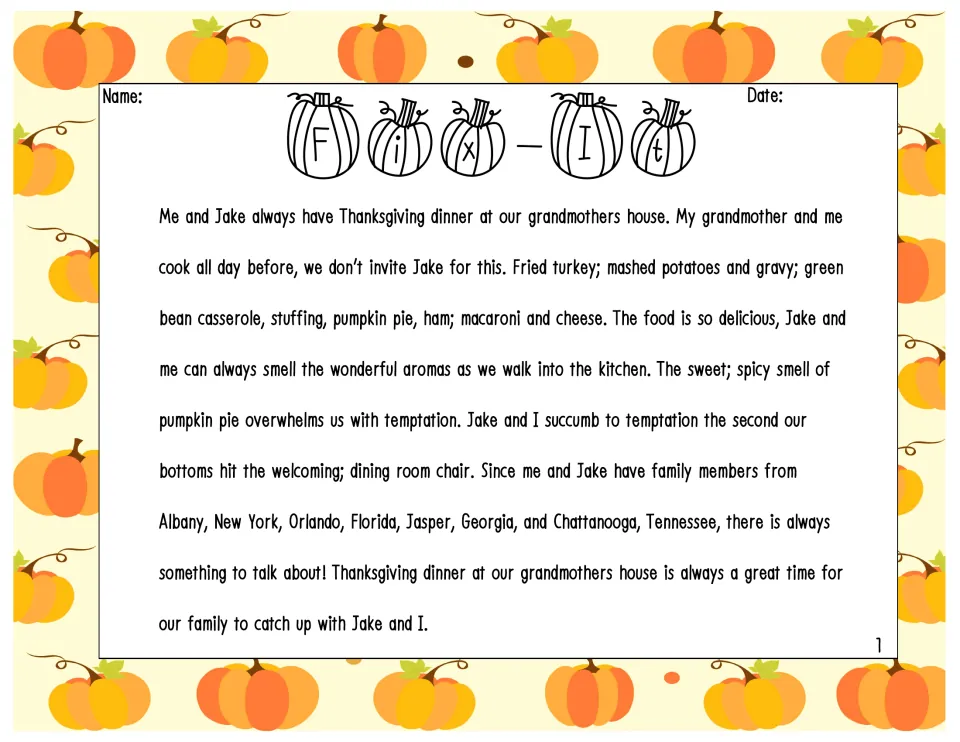 Color version of the Thanksgiving editing passage about Jake, his grandmother, dinner foods, and visiting family