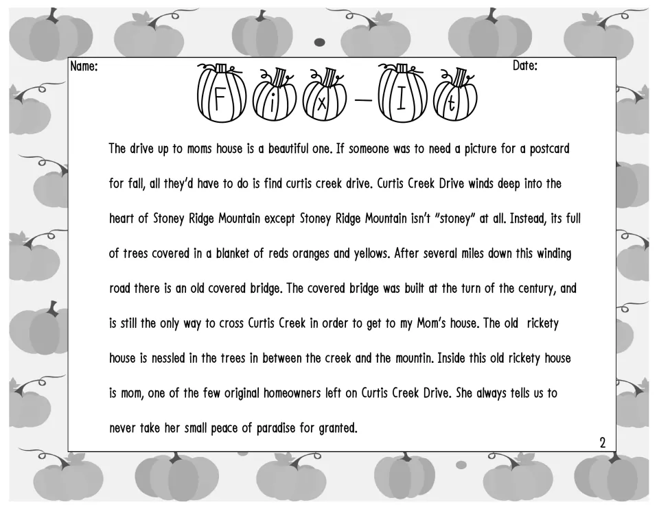 Grayscale editing passage about Curtis Creek Drive and a trip to Mom's house, with spelling and grammar errors