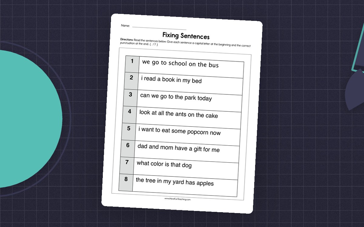 Fixing Sentences Worksheet preview: Eight sentence-editing prompts