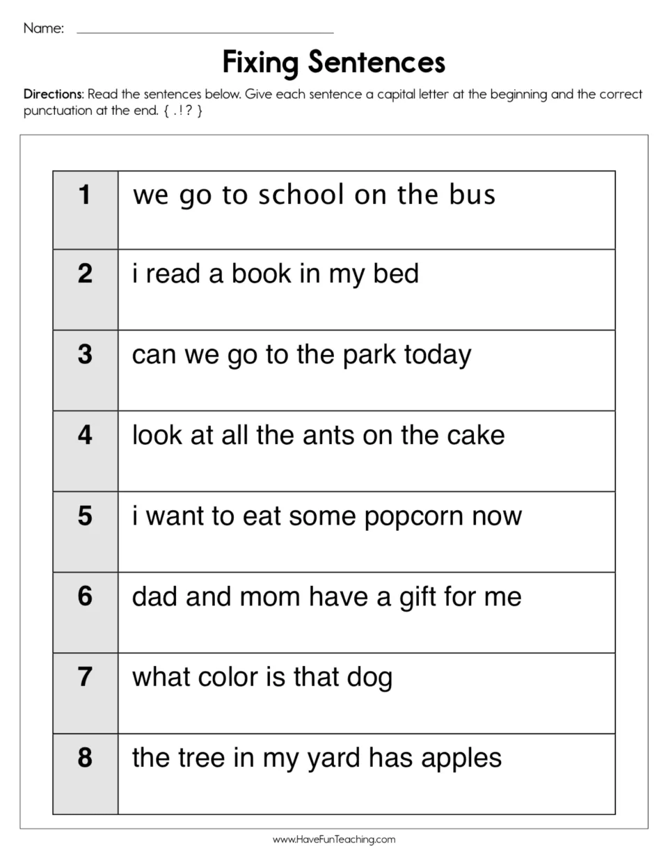 Capitalization and end punctuation: students fix 8 simple sentences by adding a capital letter and a period, ? or !