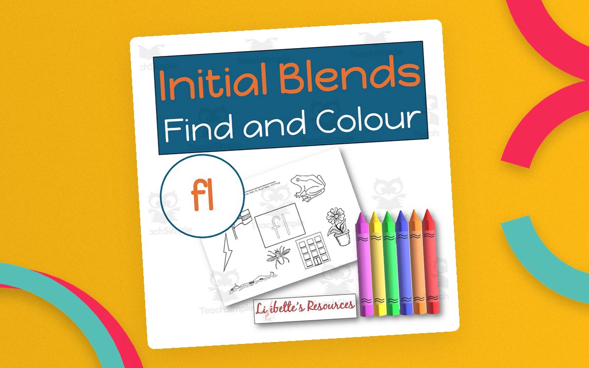 Initial Blends FL Find and Colour cover with six target pictures and crayons.