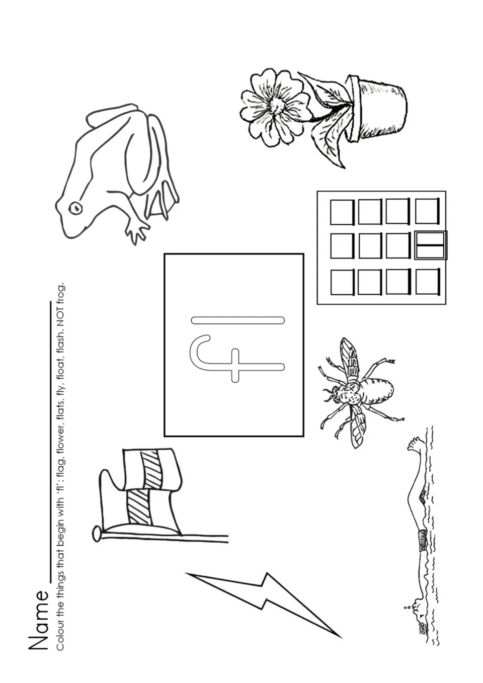 fl blend picture hunt: students colour the flag, flower, flats, fly, floating swimmer and lightning flash, but not the frog
