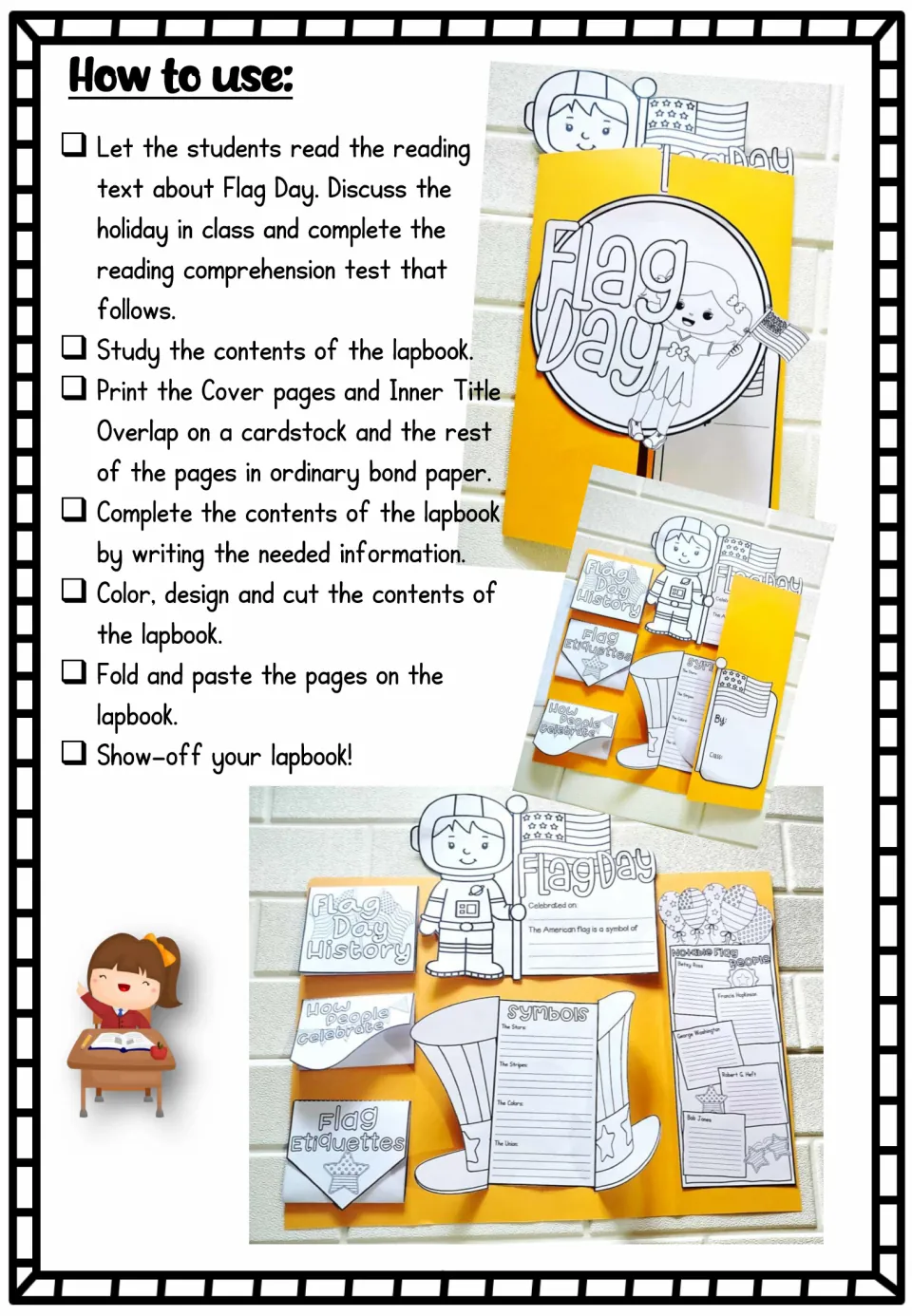 How to use: read the Flag Day text, answer the questions, then color, cut and paste the pieces into a lapbook folder
