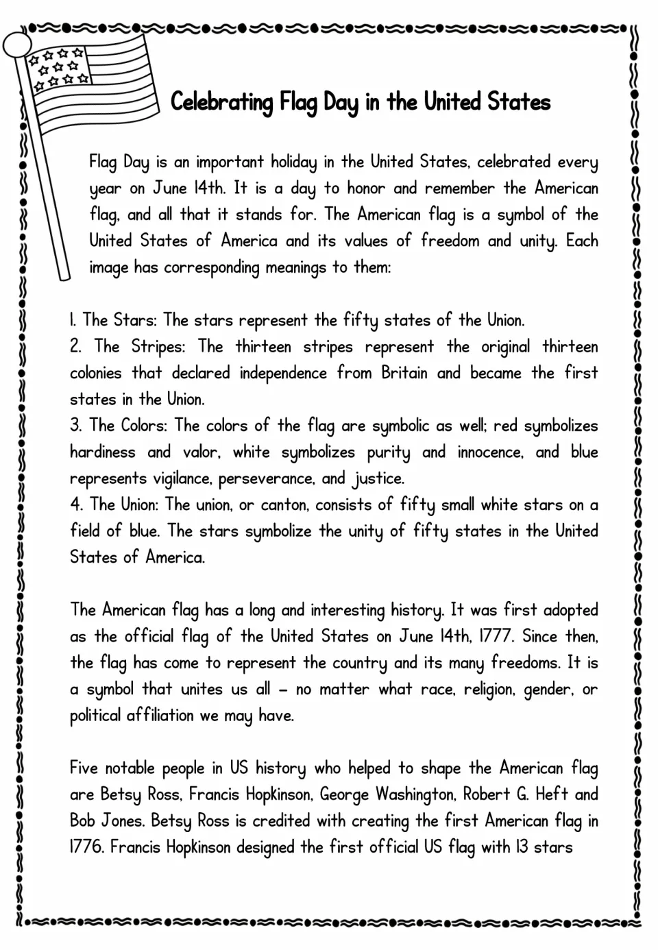 Celebrating Flag Day in the United States reading text: June 14th and what the stars, stripes, colors and union mean