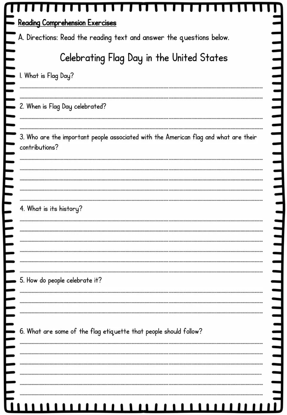 Reading comprehension: students answer six questions on what Flag Day is, its date, notable people, history and etiquette