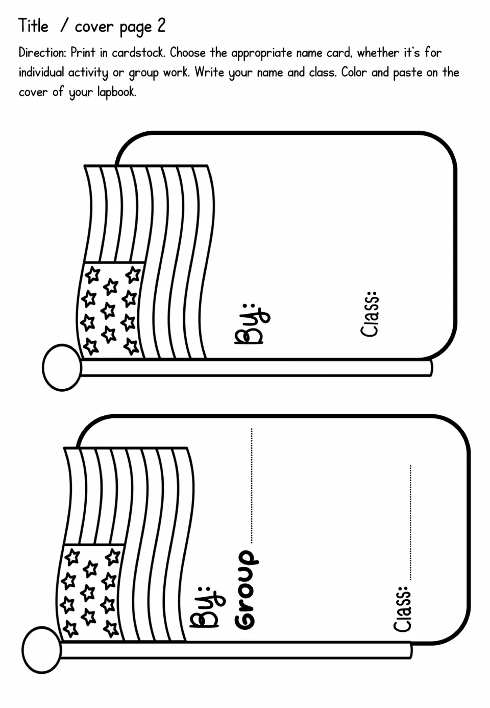 Title cover page 2: two flag-shaped name cards, one for an individual and one for a group, for name and class