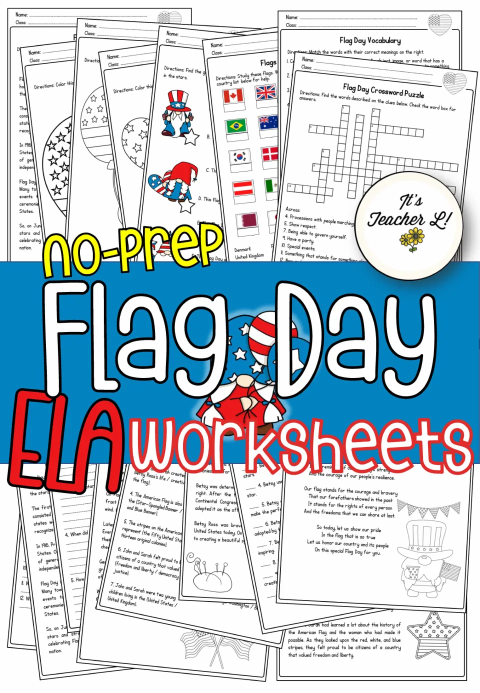 No-prep Flag Day ELA worksheets cover showing coloring pages, a world flags task, vocabulary match, crossword and reading