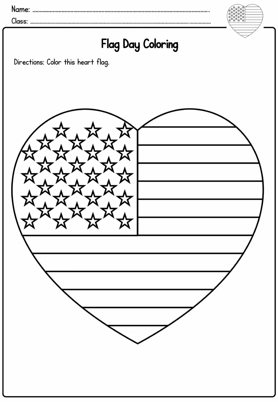 Heart-shaped American flag coloring page: students color the stars and stripes of a flag drawn inside a heart